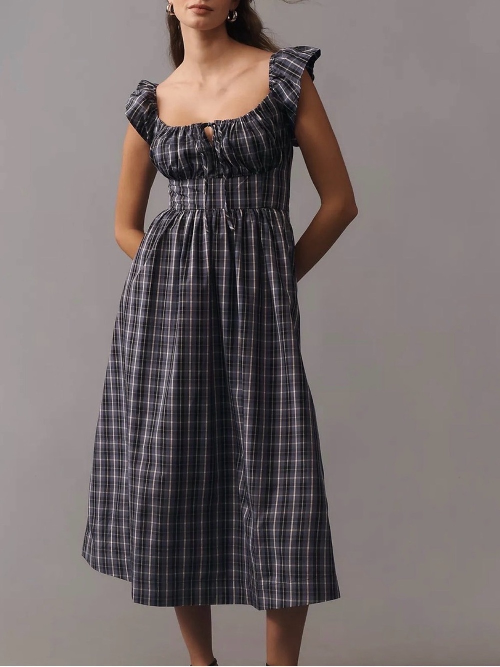 Anthropologie Plaid Square-Neck Midi Dress Navy Plaid